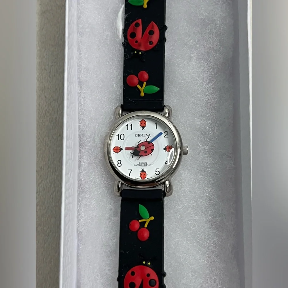 Geneva Quartz Girls Ladybug with Cherries Black Wrist Watch Water Resistant